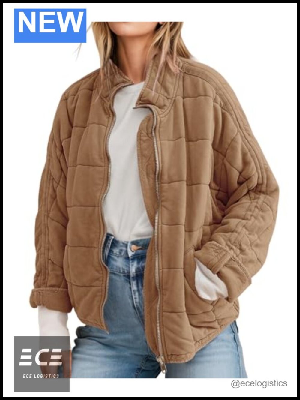Quilted Puffer Zip Up Jacket Polyester Spandex Lightweight Casual Coat
